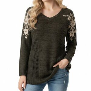 Vintage Havana Sweater Embroidered Flower V-Neck Pullover Womens Medium/Large